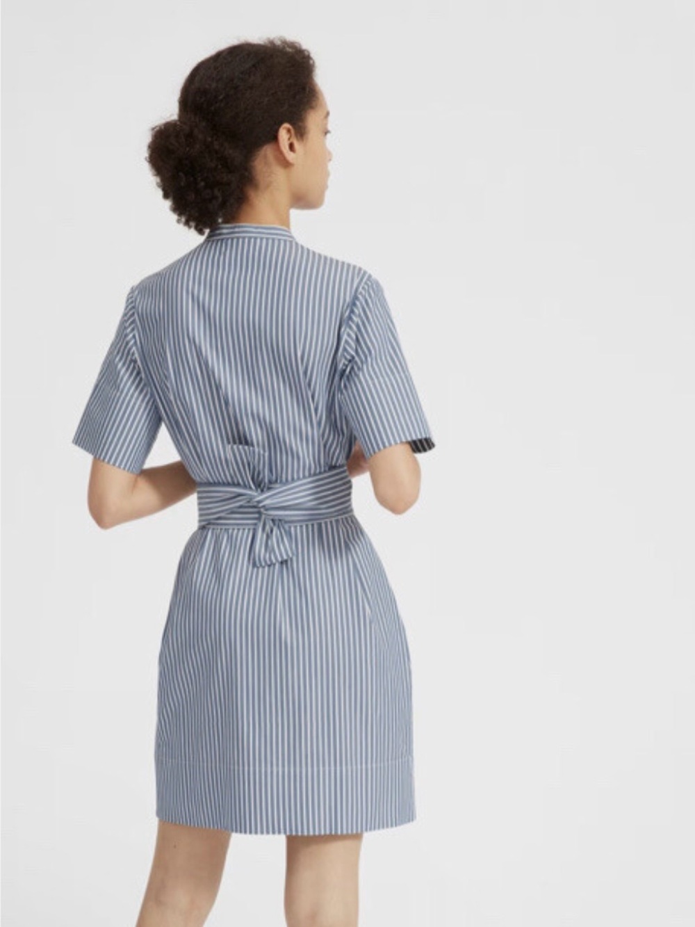 Everlane Blue & White Striped Collarless Cotton Belted Shirtdress - Size 2 - Picture 9 of 13